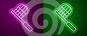 Glowing neon line Butterfly net icon isolated on purple and green background. Vector