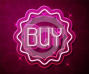 Glowing neon line Buy button icon isolated on red background. Vector