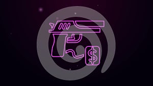 Glowing neon line Buying gun pistol with price tag icon isolated on black background. Buying weapon. 4K Video motion