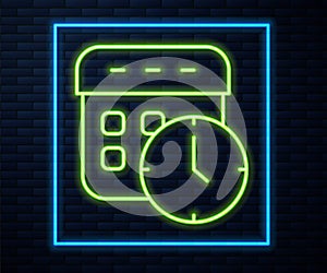 Glowing neon line Calendar and clock icon isolated on brick wall background. Schedule, appointment, organizer, timesheet