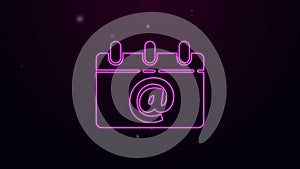 Glowing neon line Calendar with email icon isolated on purple background. Envelope symbol e-mail. Email message sign. 4K