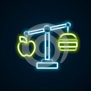 Glowing neon line Calorie calculator icon isolated on isolated on black background. Calorie count. Diet. Weight loss