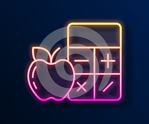 Glowing neon line Calorie calculator icon isolated on isolated on black background. Calorie count. Diet. Weight loss