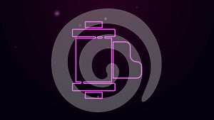 Glowing neon line Camera vintage film roll cartridge icon isolated on purple background. 35mm film canister. Filmstrip