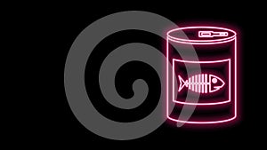 Glowing neon line Canned food for cat icon isolated on black background. Fish skeleton sign. Food for animals. Pet dog