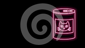 Glowing neon line Canned food for cat icon isolated on black background. Food for animals. Pet dog food can. 4K Video