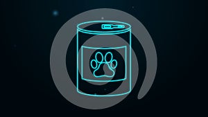 Glowing neon line Canned food icon isolated on black background. Food for animals. Pet food can. Dog or cat paw print
