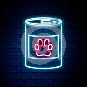 Glowing neon line Canned food icon isolated on brick wall background. Food for animals. Pet food can. Dog or cat paw