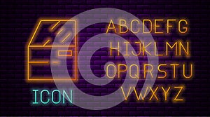 Glowing neon line Car door icon isolated on brick wall background. Neon light alphabet. Vector