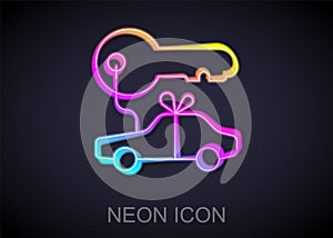 Glowing neon line Car gift icon isolated on black background. Car key prize. Vector