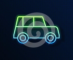 Glowing neon line Car icon isolated on blue background. Front view. Vector