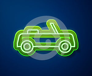 Glowing neon line Car icon isolated on blue background. Front view. Vector