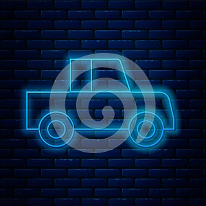 Glowing neon line Car icon isolated on brick wall background. Front view. Vector