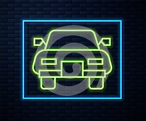 Glowing neon line Car icon isolated on brick wall background. Vector