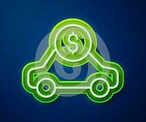 Glowing neon line Car rental icon isolated on blue background. Rent a car sign. Key with car. Concept for automobile