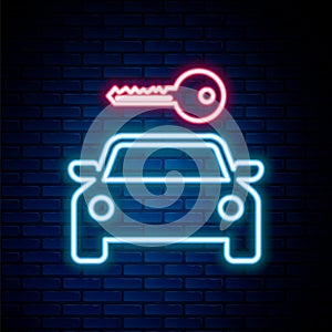 Glowing neon line Car rental icon isolated on brick wall background. Rent a car sign. Key with car. Concept for