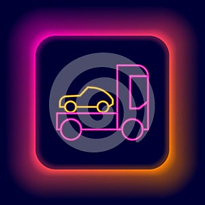 Glowing neon line Car transporter truck for transportation of car icon isolated on black background. Colorful outline