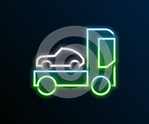 Glowing neon line Car transporter truck for transportation of car icon isolated on black background. Colorful outline
