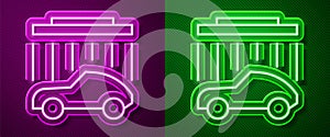 Glowing neon line Car wash icon isolated on purple and green background. Carwash service and water cloud icon. Vector