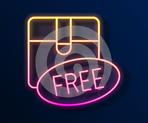 Glowing neon line Cardboard box with free symbol icon isolated on black background. Box, package, parcel sign. Delivery