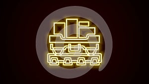 Glowing neon line Cargo train wagon icon isolated on black background. Full freight car. Railroad transportation. 4K