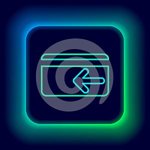 Glowing neon line Cash back icon isolated on black background. Credit card. Financial services, money refund, return on