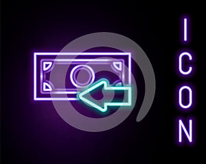 Glowing neon line Cash back icon isolated on black background. Financial services, money refund, return on investment