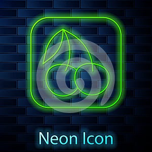 Glowing neon line Casino slot machine with cherry symbol icon isolated on brick wall background. Gambling games. Vector