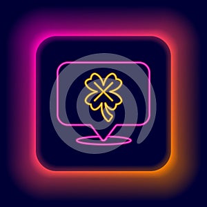 Glowing neon line Casino slot machine with clover symbol icon isolated on black background. Gambling games. Colorful