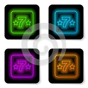 Glowing neon line Casino slot machine with clover symbol icon isolated on white background. Gambling games. Black square