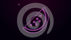 Glowing neon line Casino slot machine with watermelon symbol icon isolated on purple background. Gambling games. 4K