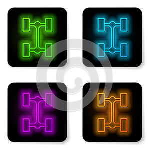 Glowing neon line Chassis car icon isolated on white background. Black square button. Vector