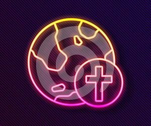 Glowing neon line Christian cross with globe Earth icon isolated on black background. World religion day. Vector
