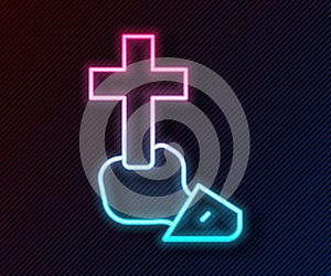 Glowing neon line Christian cross icon isolated on black background. Church cross. Vector