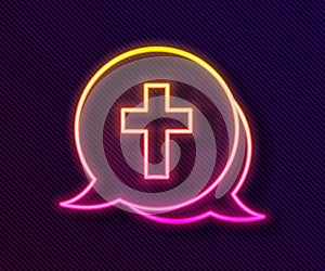 Glowing neon line Christian cross icon isolated on black background. Church cross. Vector
