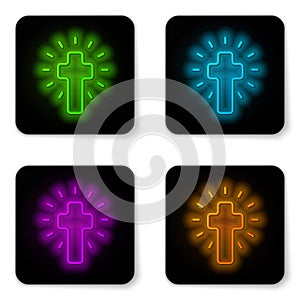 Glowing neon line Christian cross icon isolated on white background. Church cross. Black square button. Vector