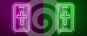 Glowing neon line Christian cross on mobile phone icon isolated on purple and green background. Church cross. Vector