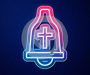 Glowing neon line Church bell icon isolated on blue background. Alarm symbol, service bell, handbell sign, notification