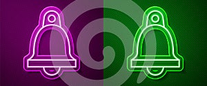 Glowing neon line Church bell icon isolated on purple and green background. Alarm symbol, service bell, handbell sign