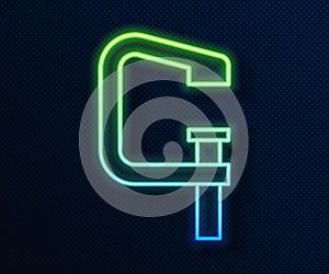 Glowing neon line Clamp and screw tool icon isolated on blue background. Locksmith tool. Vector