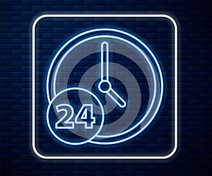 Glowing neon line Clock 24 hours icon isolated on brick wall background. All day cyclic icon. 24 hours service symbol