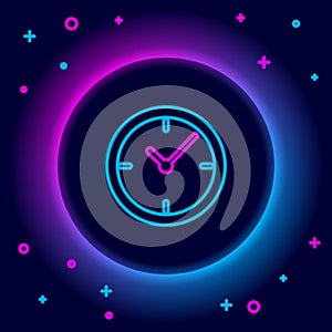 Glowing neon line Clock icon isolated on black background. Time timer sign. Colorful outline concept. Vector