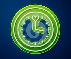 Glowing neon line Clock icon isolated on blue background. Time symbol. Vector