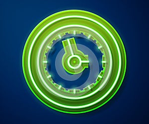 Glowing neon line Clock icon isolated on blue background. Time symbol. Vector