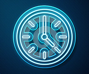 Glowing neon line Clock icon isolated on blue background. Time symbol. Vector Illustration