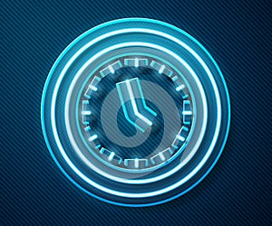 Glowing neon line Clock icon isolated on blue background. Time symbol. Vector Illustration
