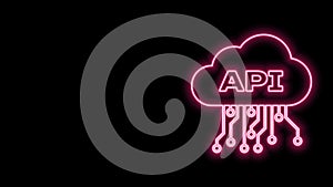 Glowing neon line Cloud api interface icon isolated on black background. Application programming interface API