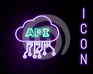 Glowing neon line Cloud api interface icon isolated on black background. Application programming interface API