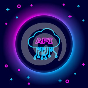 Glowing neon line Cloud api interface icon isolated on black background. Application programming interface API