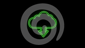Glowing neon line Cloud download icon isolated on black background.